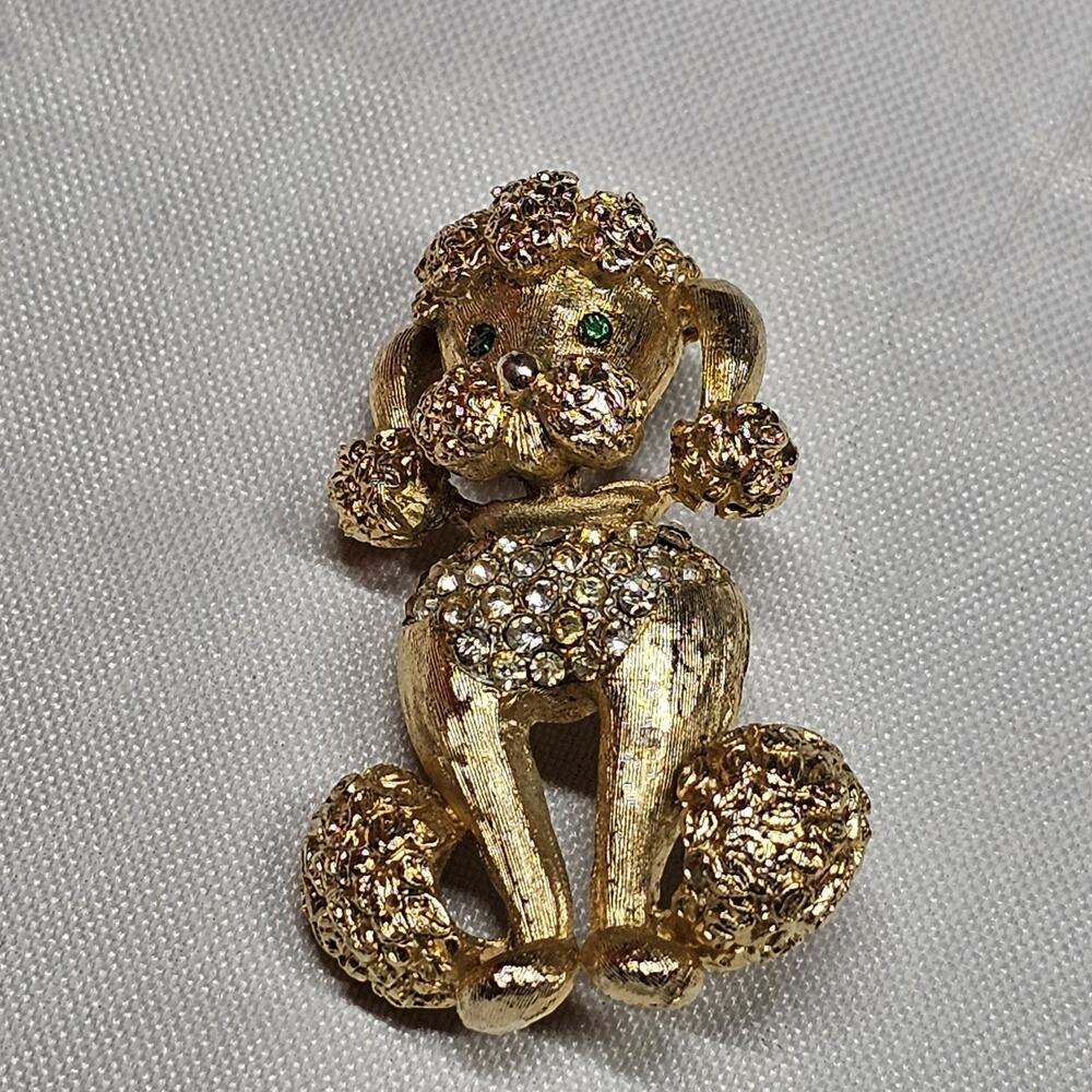 Vintage Samsan French Poodle Pin Brooch Gold Tone, Green and Clear Rhinestones